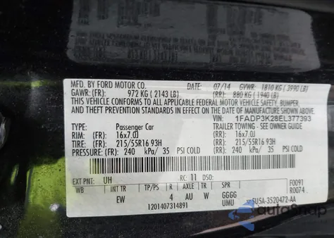 2014 Ford Focus Se z USA, uszkodzony, nr VIN 1FADP3K28EL377393